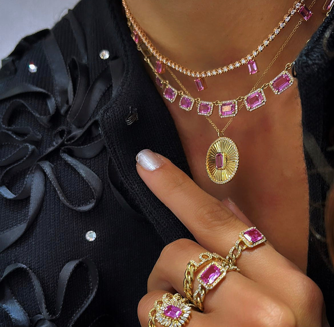14K Yellow Gold Pink Sapphire in Diamond Pendant