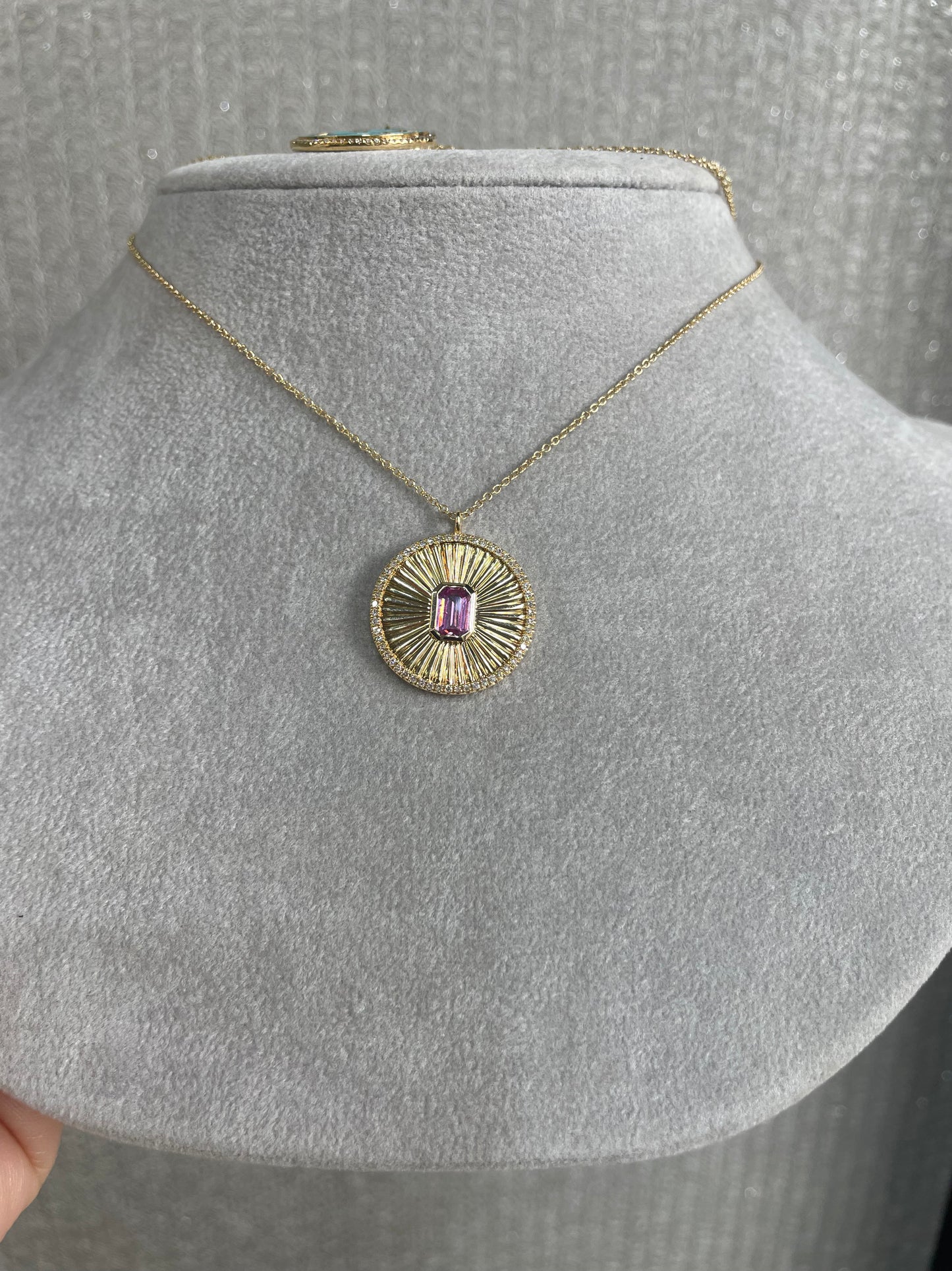 14K Yellow Gold Pink Sapphire in Diamond Pendant