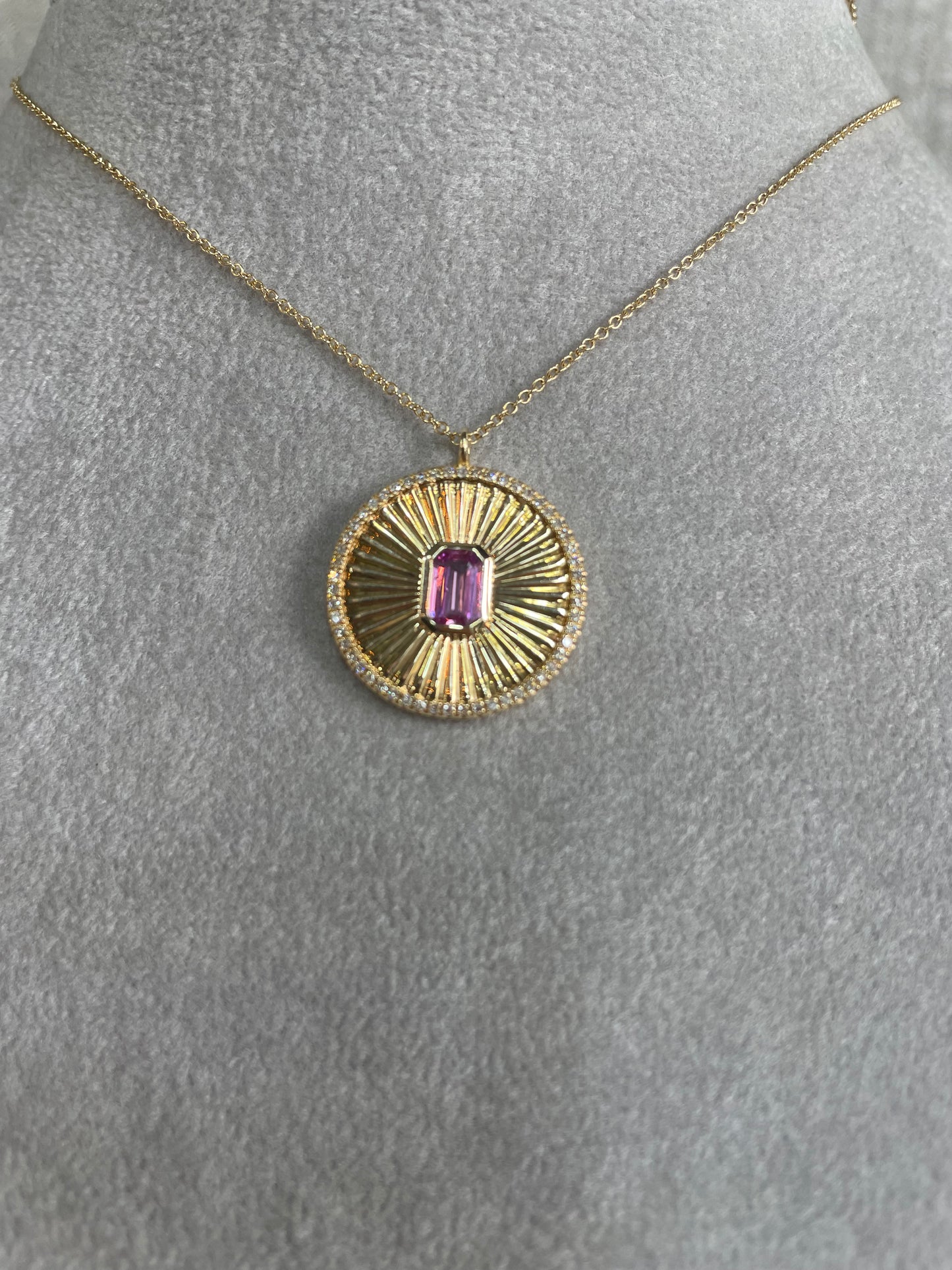 14K Yellow Gold Pink Sapphire in Diamond Pendant