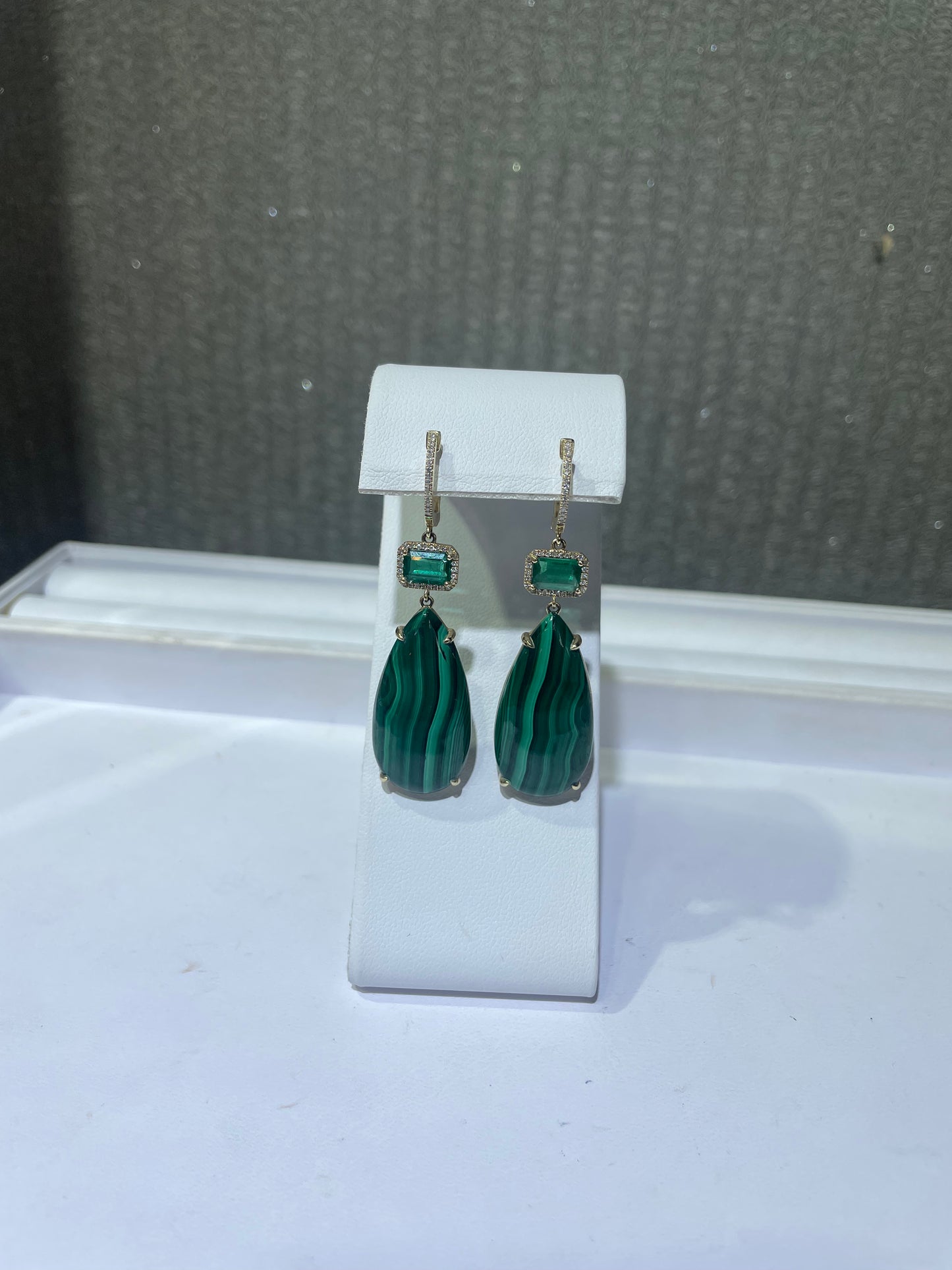 Malachite and Emerald Diamond Drop Earrings Set in 14K Yellow Gold