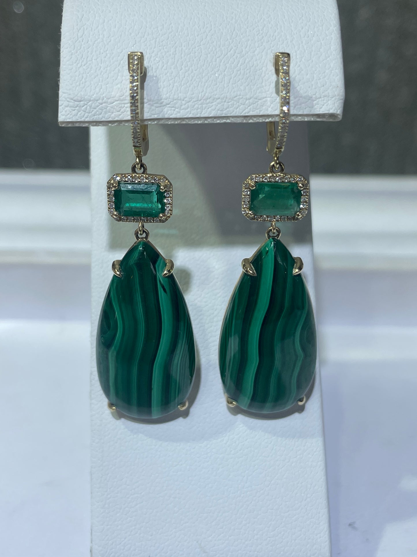 Malachite and Emerald Diamond Drop Earrings Set in 14K Yellow Gold