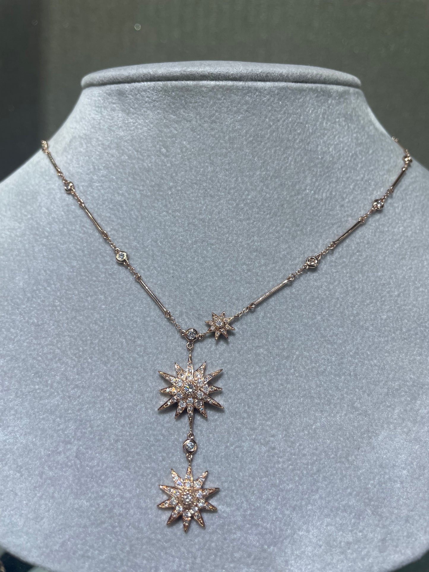 14K Rose Gold Double Drop Starburst Diamond Necklace