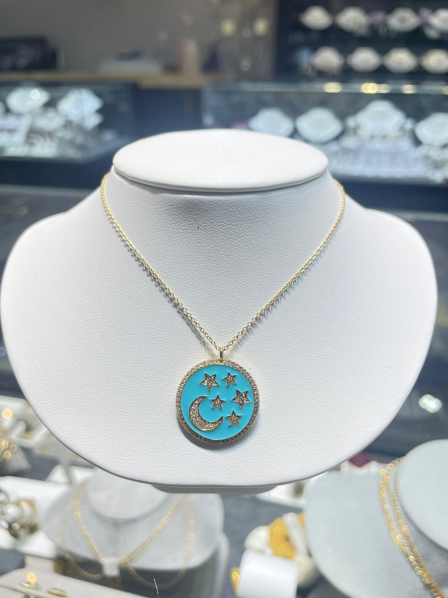 14K Yellow Gold and Blue Pendant With Moon and Stars