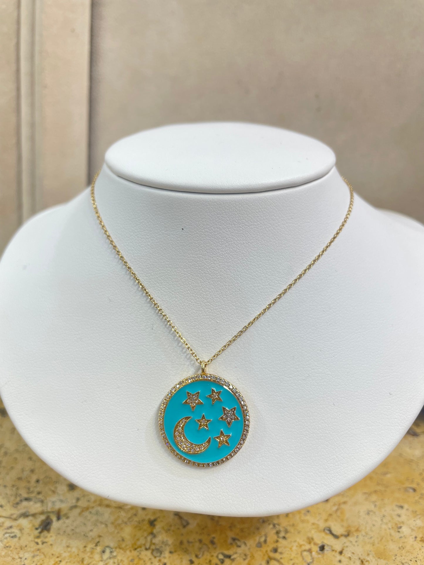 14K Yellow Gold and Blue Pendant With Moon and Stars