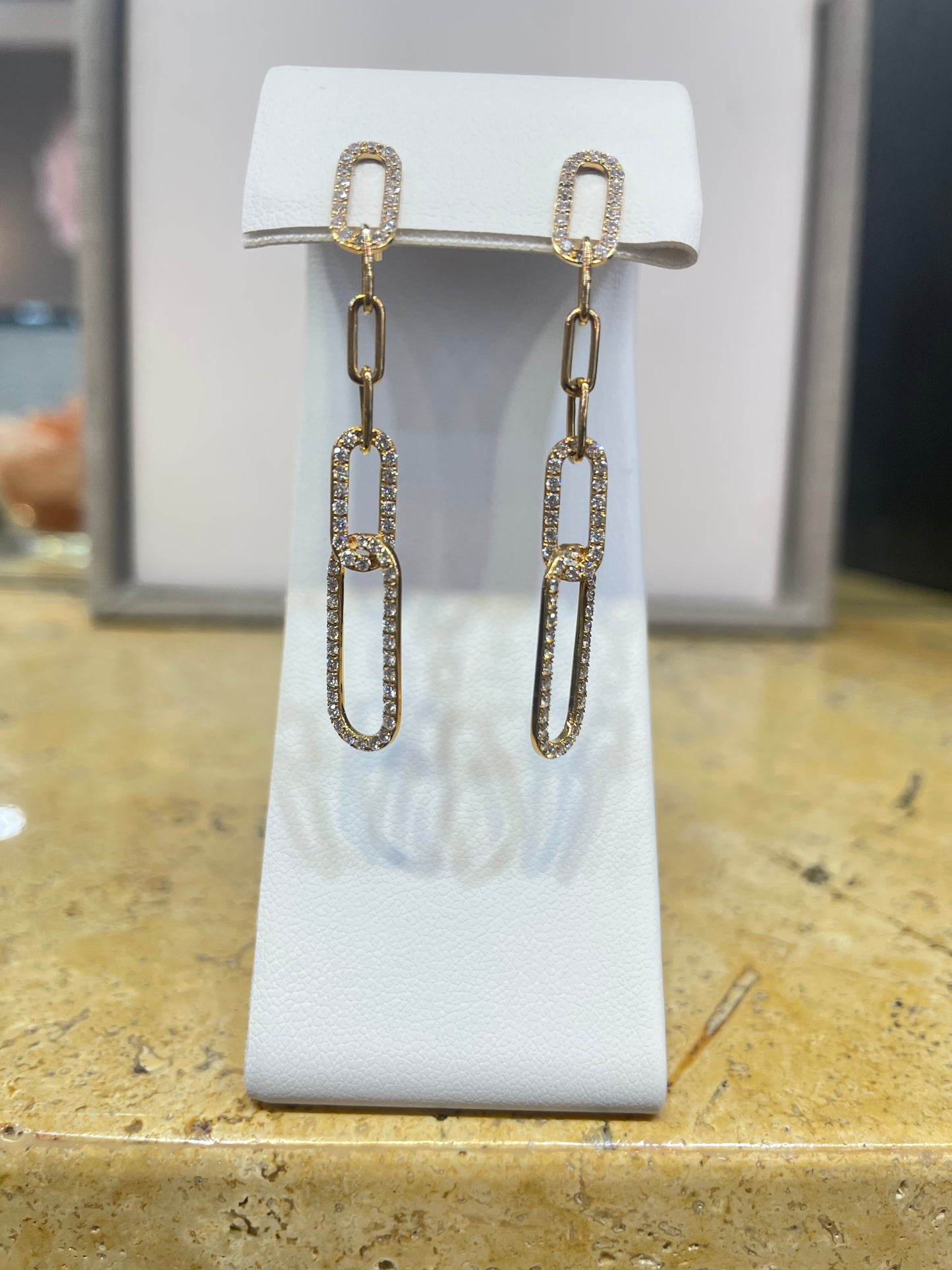14k Yellow Gold Diamond Paper Clip Chain Earrings