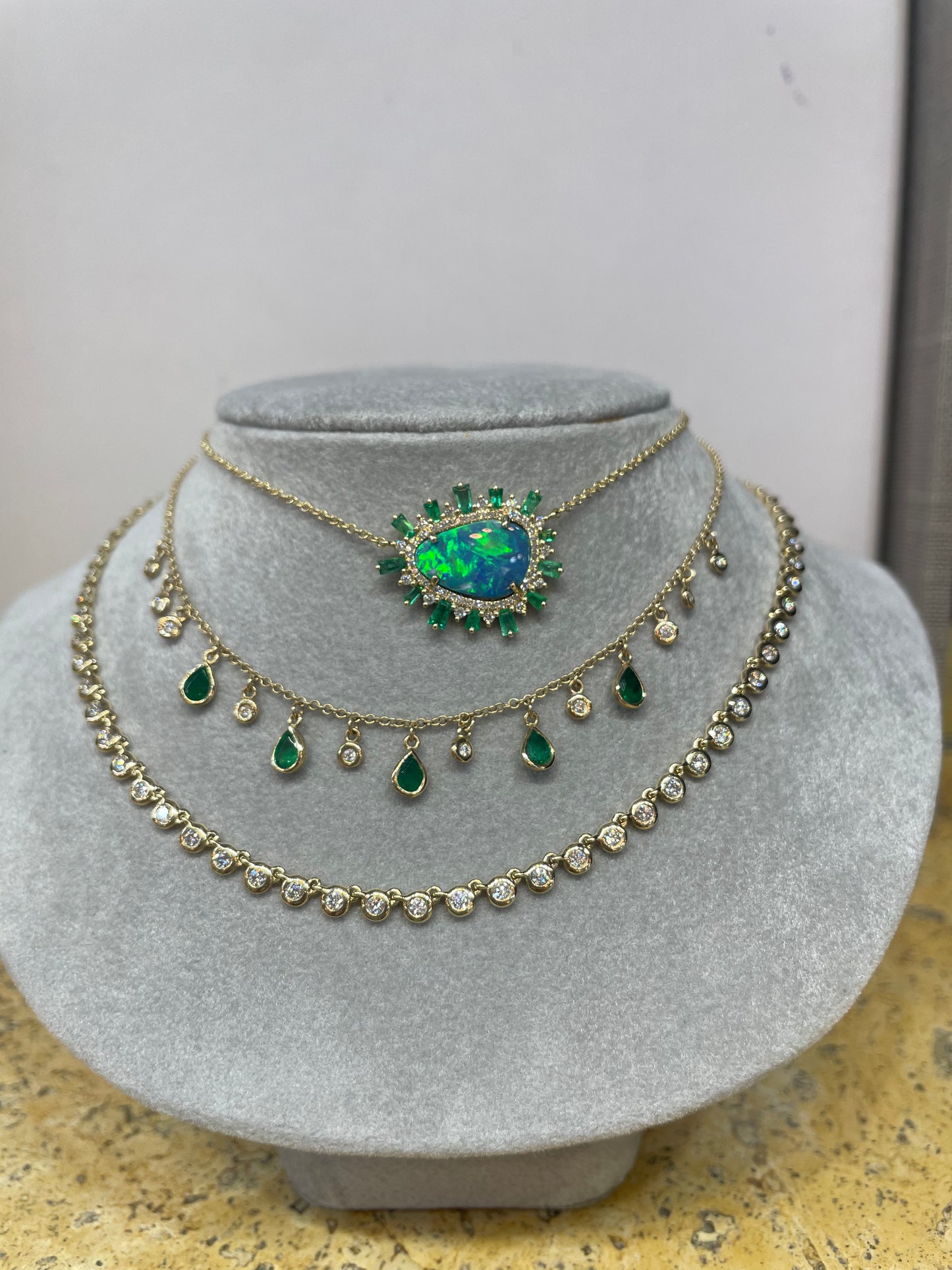 14K Yellow Gold Opal Stone with Diamond and Emerald Surrounding Necklace