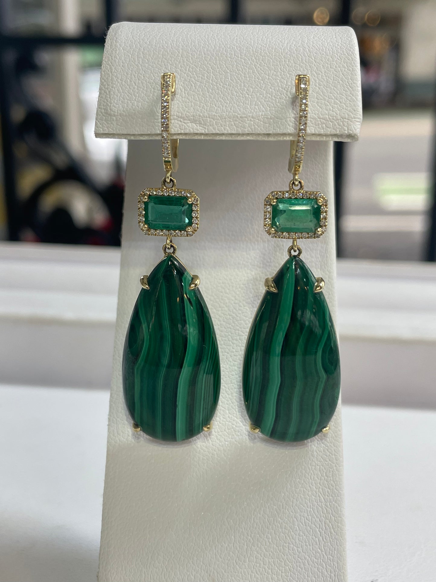 Malachite and Emerald Diamond Drop Earrings Set in 14K Yellow Gold