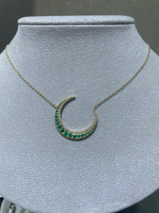 14KT Yellow Gold Emerald Crescent Moon Pendant with Diamonds