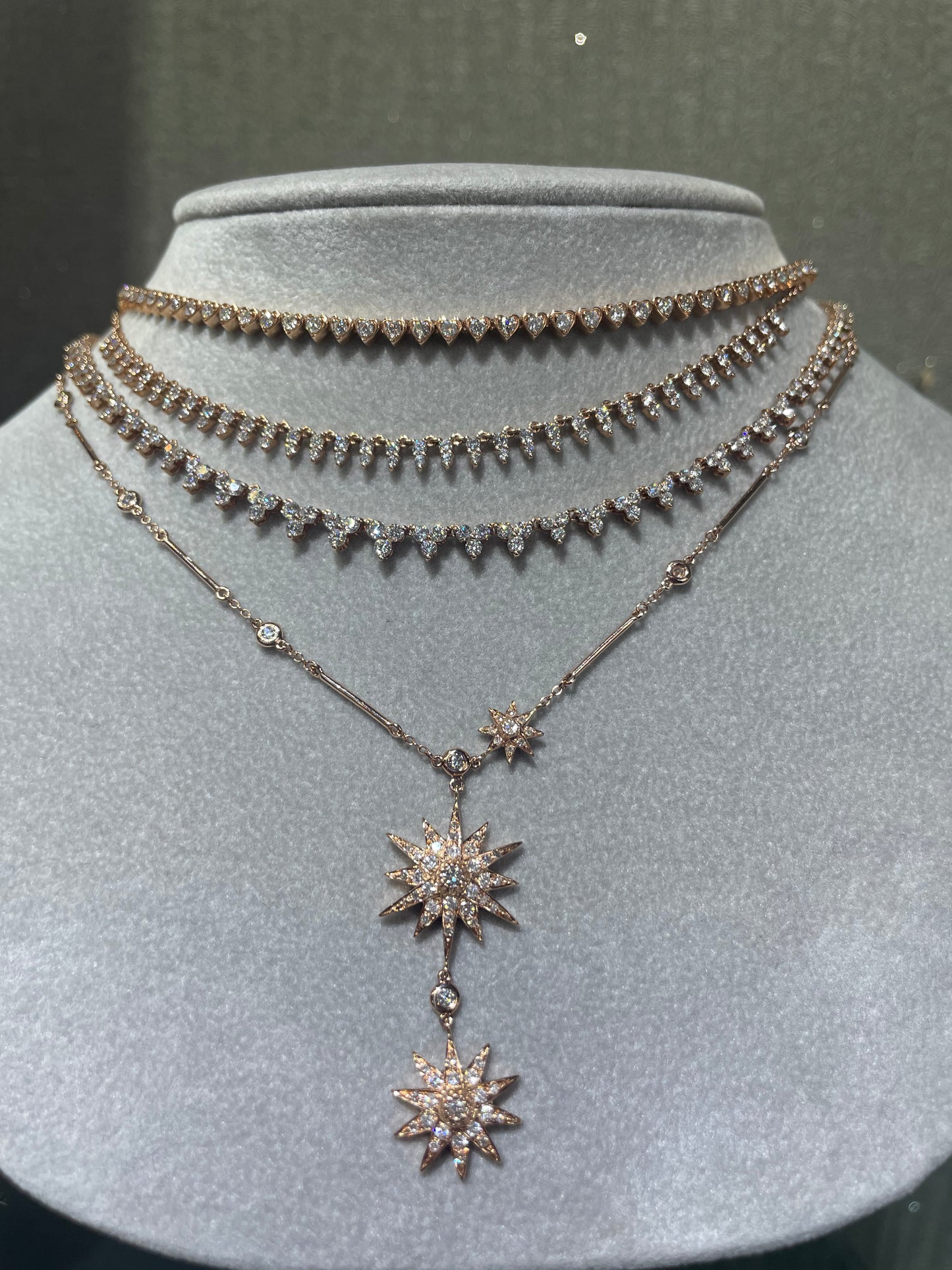14K Rose Gold Double Drop Starburst Diamond Necklace