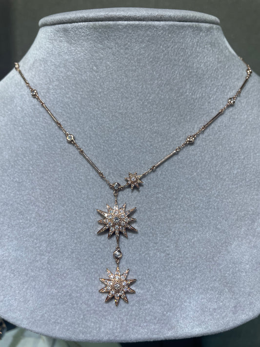 14K Rose Gold Double Drop Starburst Diamond Necklace