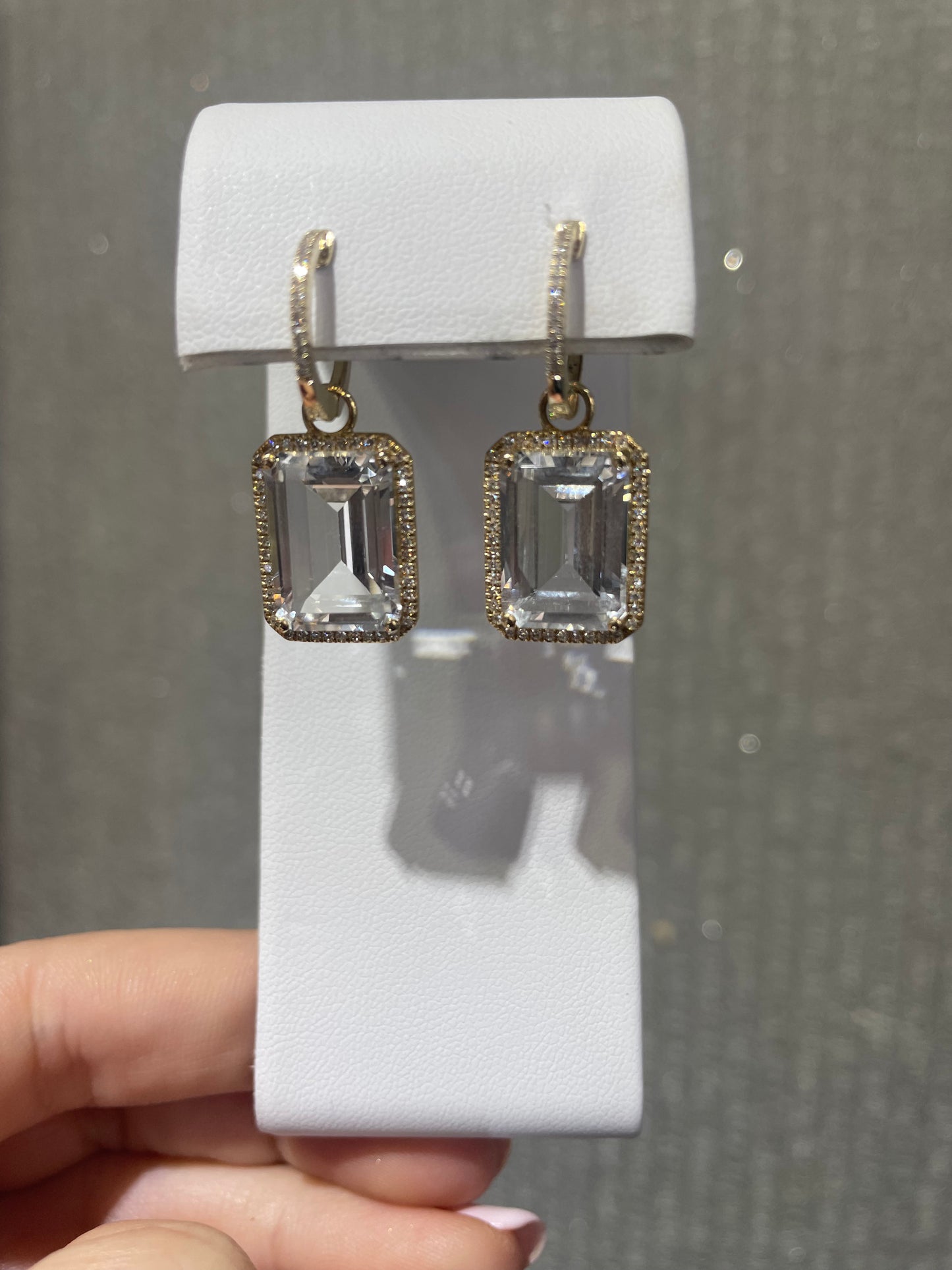 14K Yellow Gold Emerald Cut White Topaz Diamond Earrings