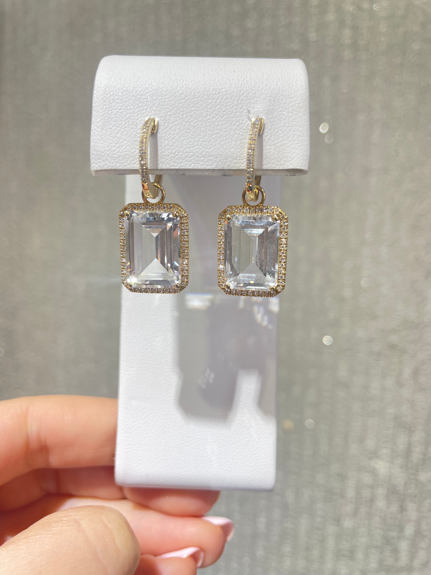 14K Yellow Gold Emerald Cut White Topaz Diamond Earrings