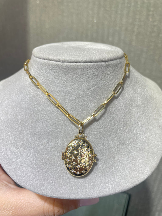 14K Yellow Gold Locket with Diamond Stars and Paperclip Chain