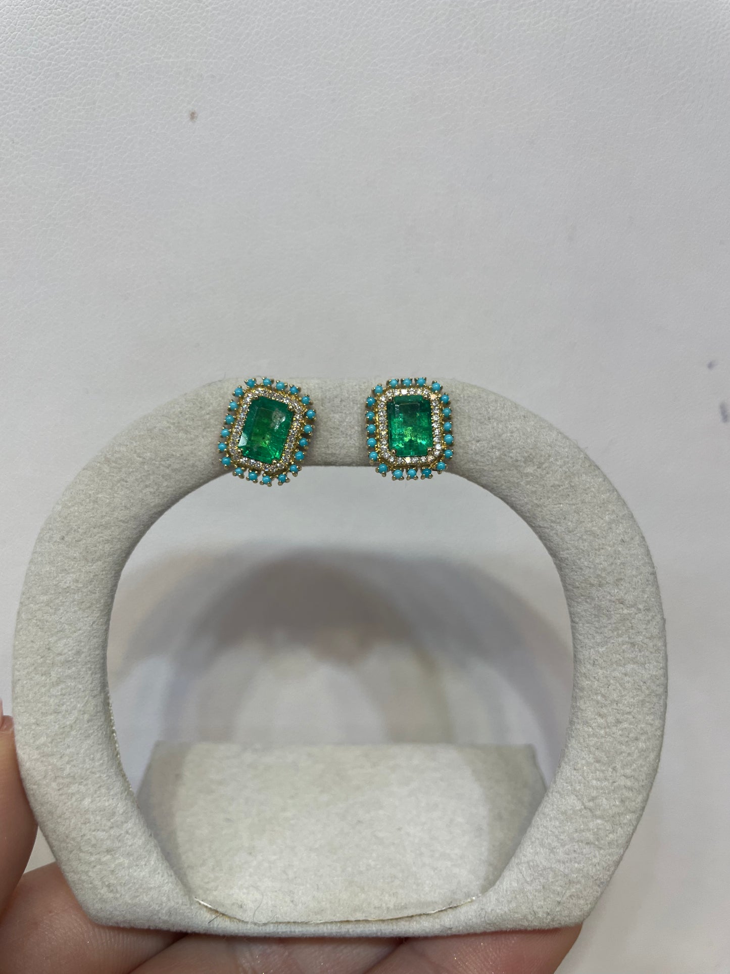 14K Yellow Gold Emerald Cut Diamond Earrings with Blue