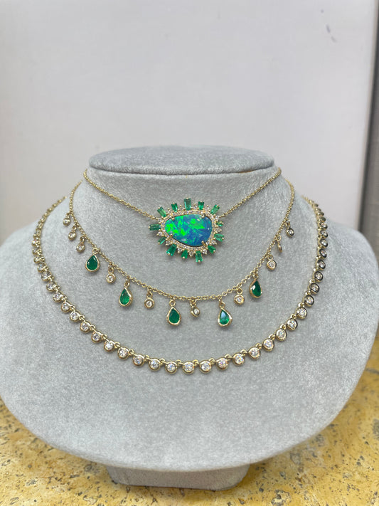 14K Yellow Gold Opal Stone with Diamond and Emerald Surrounding Necklace
